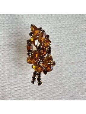 Topaz Amber Rhinestone Cluster Brooch Mixed Cut Gold Tone Floral Spray